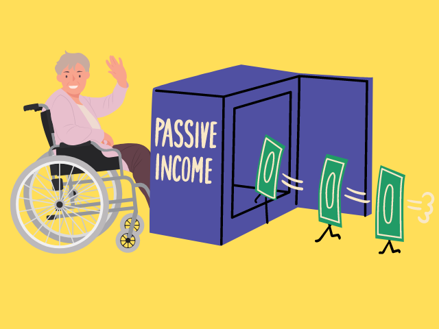 Image shows a graphic of a person in a wheelchair waving happily while their computer has paper money with legs walking out of it. It is meant to represent successful income streams. 