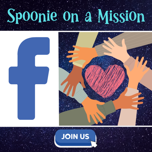 Spoonie on a Mission Facebook Group Image depicts the logo, along with the Facebook icon (the letter F in blue) and a button graphic at the bottom saying "Join Us".