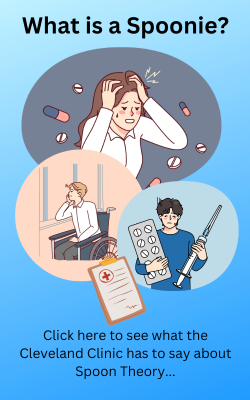 Graphic says "What is a Spoonie" and it has text telling the user to click on it to see what the Cleveland Clinic has to say about Spoon Theory. There are images of a woman holding her head surrounded by pills, a man in a wheelchair, and a person holding a giant blister pack of pills and a giant syringe.